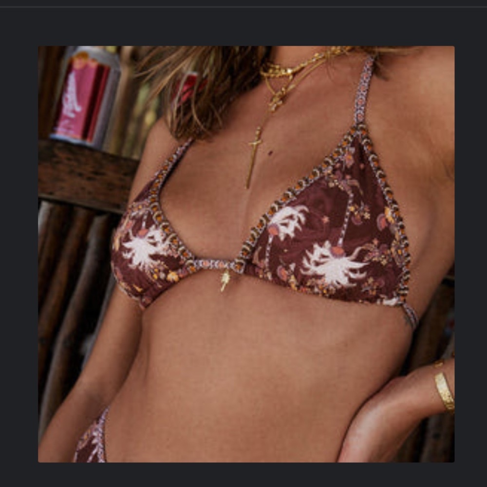 Brown Floral Crochet-Trim Triangle Bikini Top